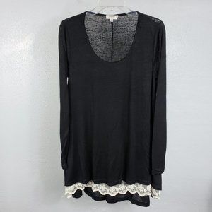 Umgee USA Women's Black Scoop Neck White Lace Long Sleeve Small Shirt Top Blouse